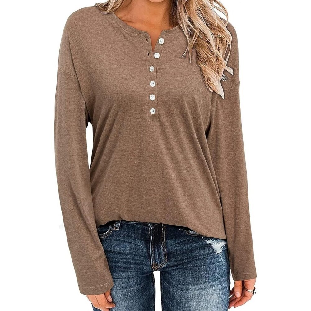 OUGES Women's Long Sleeve Casual Top V Neck Loose Blouse Henley Size Medium